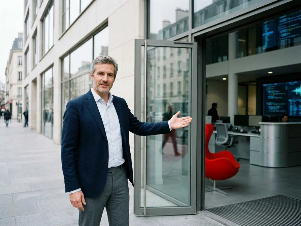Un professionnel devant la façade de l'agence à Suresnes pour une rencontre de création web.
