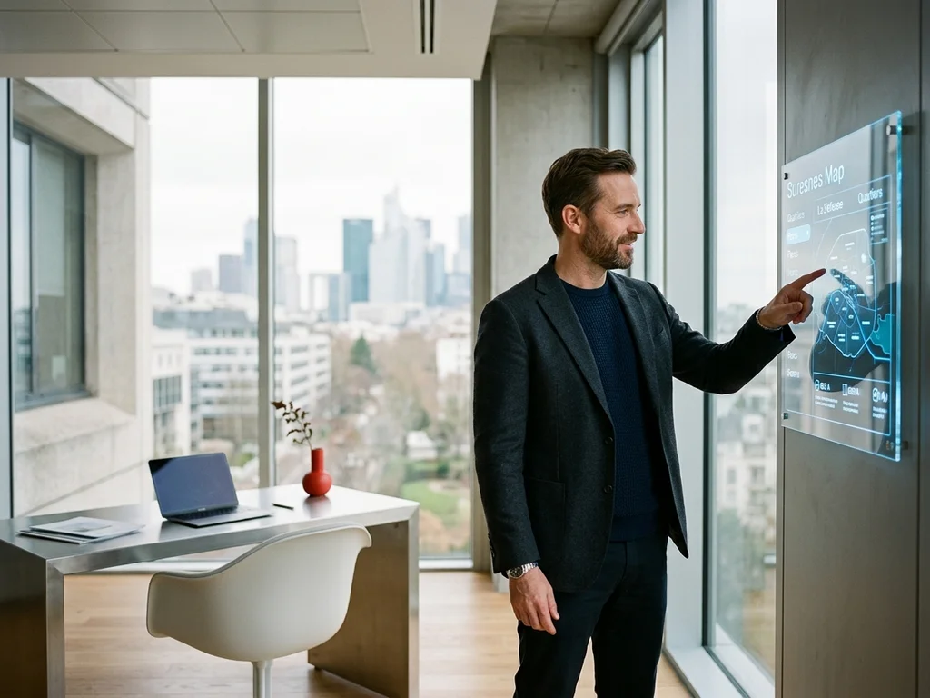 Un homme présente la localisation de l'agence SEO à Suresnes sur un écran tactile moderne.