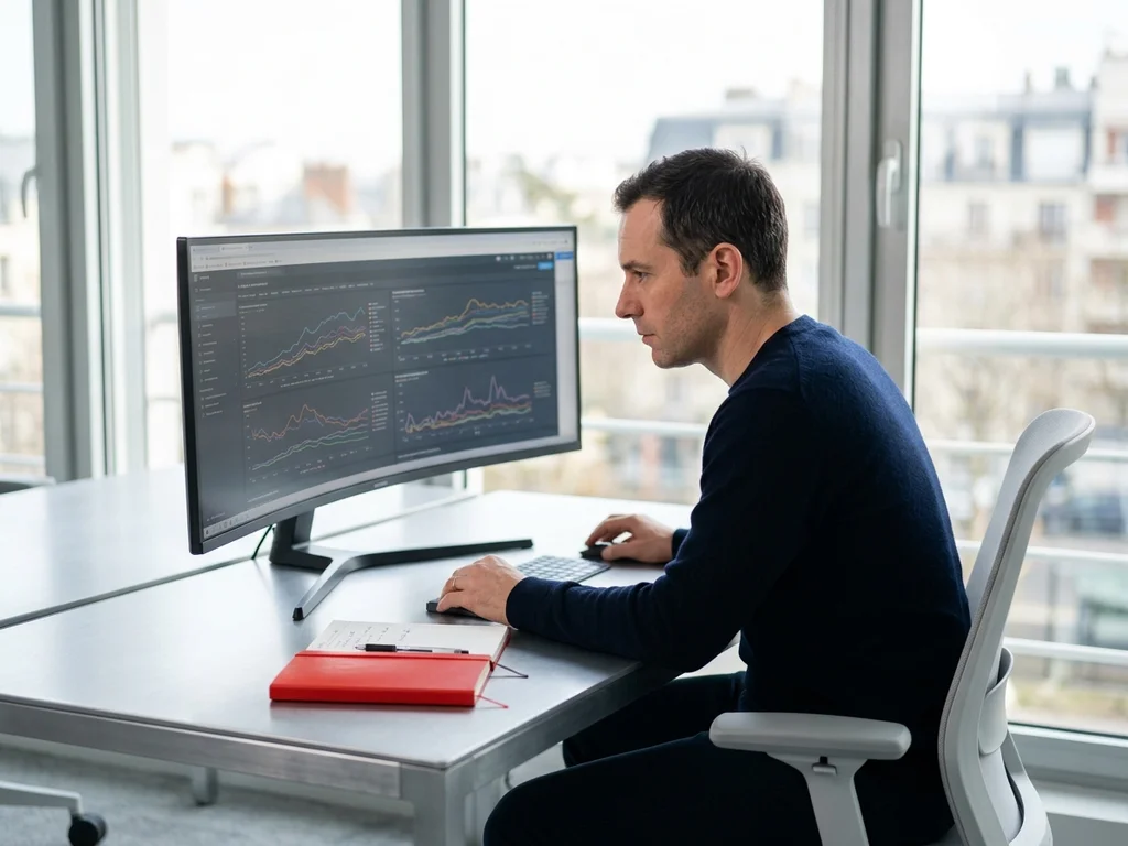 Consultant SEA analysant des graphiques de performance sur un écran dans un bureau lumineux à Suresnes.