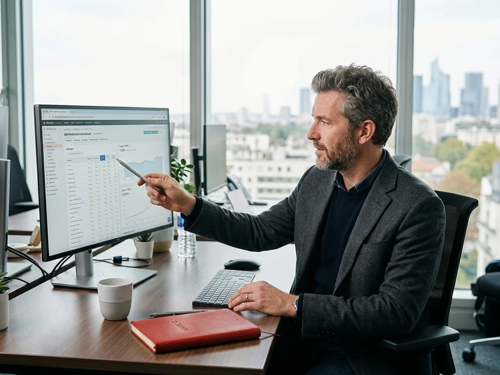 Consultant expert analysant les positions Google d'une entreprise à Suresnes sur un grand écran.