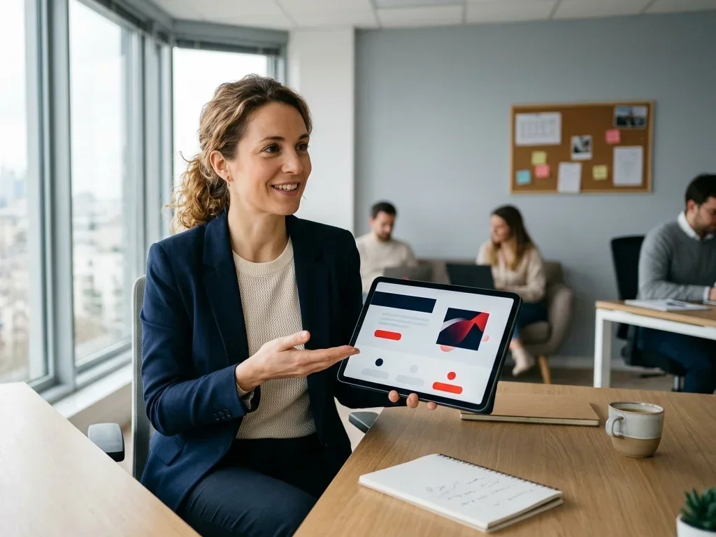 Un consultant présente la nouvelle charte graphique d'une startup sur tablette à La Défense.