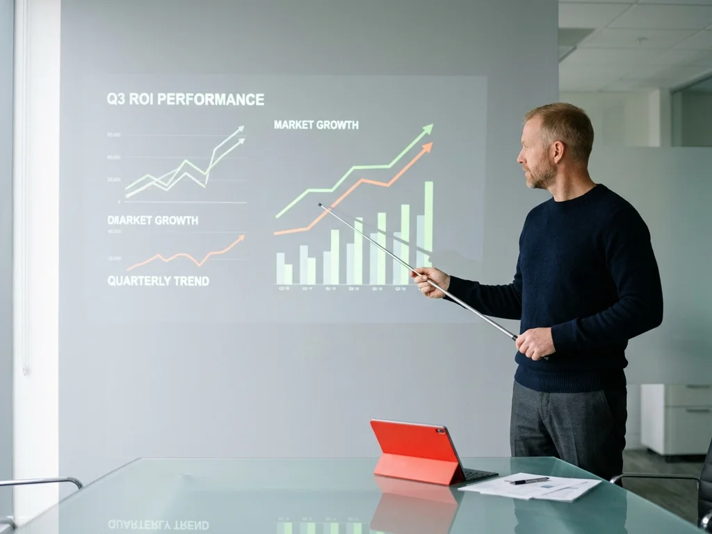 Expert analysant des graphiques de performance projetés pour un suivi budgétaire quotidien et transparent.