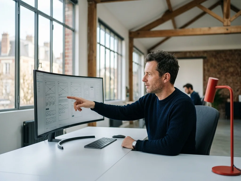 Un expert web à Suresnes analyse des maquettes d'interface sur un grand écran de bureau.
